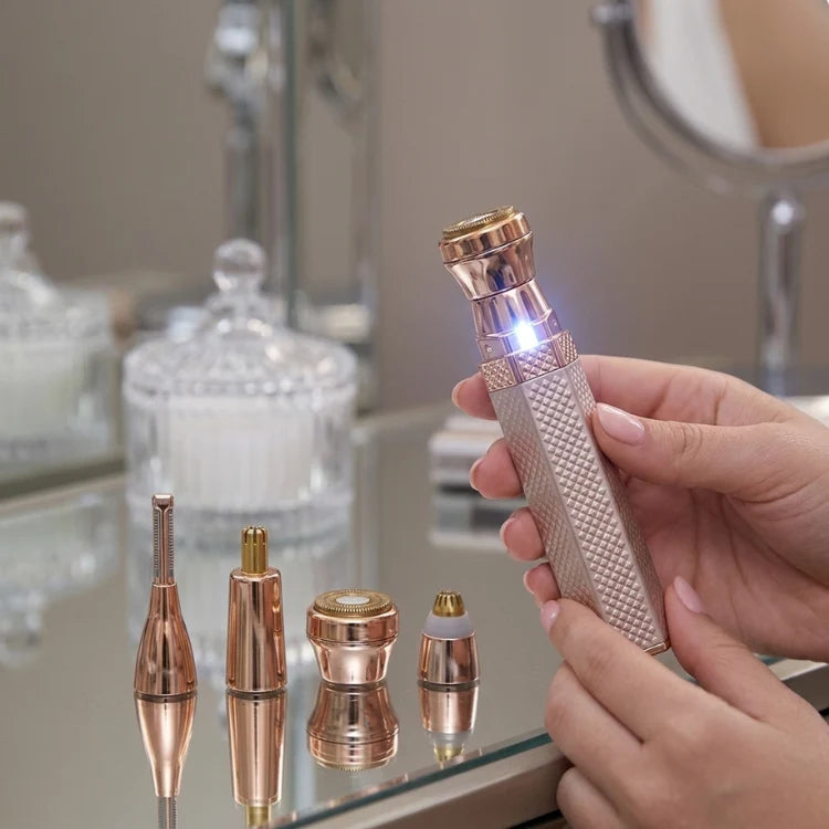 4-in-1 rechargeable facial trimmer for women featuring nose, eyebrow, face, and body hair removal capabilities, USB powered with a compact design for 5