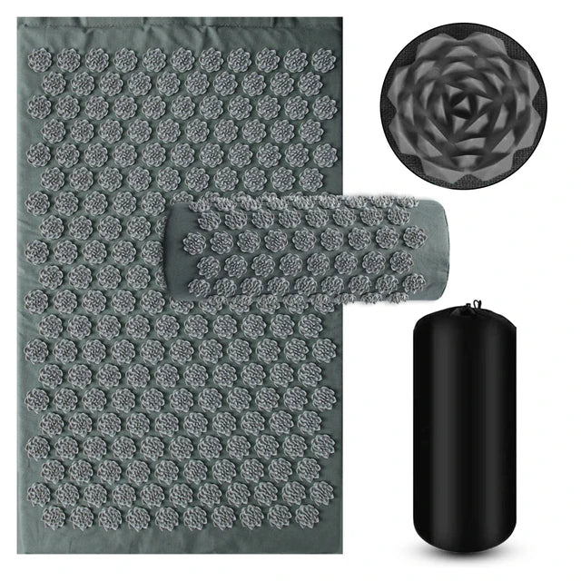 Acupressure mat and pillow set designed for muscle relief and deep relaxation, featuring a lightweight and portable design made of cotton and sponge, perfect for 0