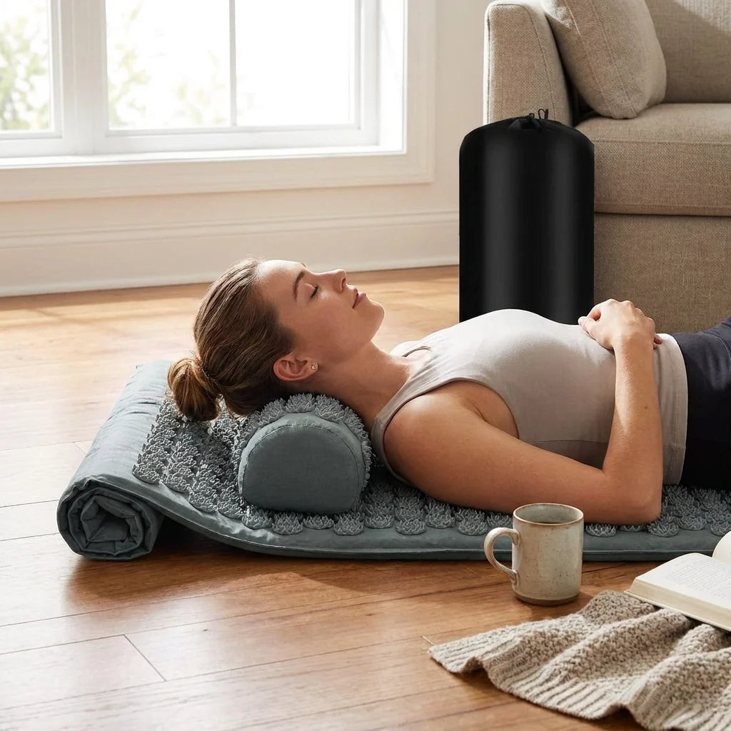 Acupressure mat and pillow set designed for muscle relief and deep relaxation, featuring a lightweight and portable design made of cotton and sponge, perfect for 1