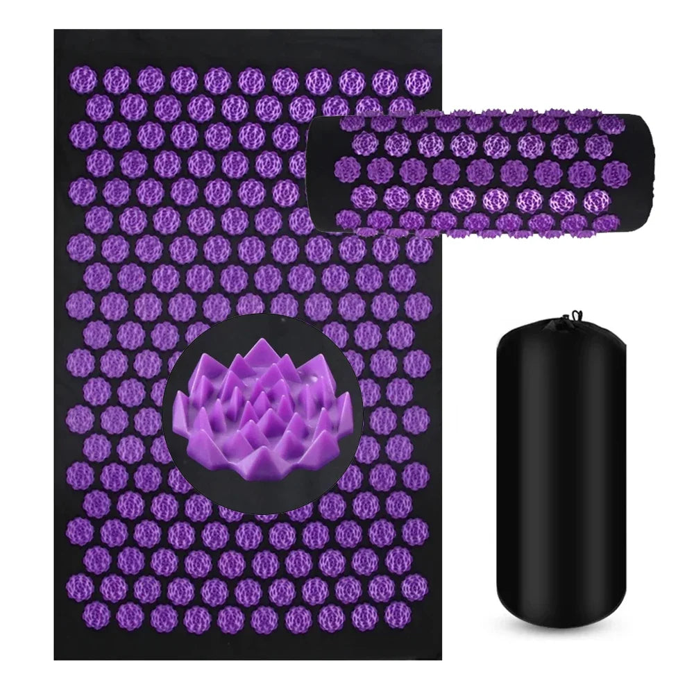 Acupressure mat and pillow set designed for muscle relief and deep relaxation, featuring a lightweight and portable design made of cotton and sponge, perfect for 4