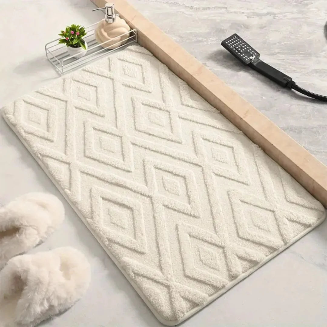 Non-slip absorbent microfibre jacquard bath mat in a stylish design, ideal for enhancing bathroom safety and comfort. 0
