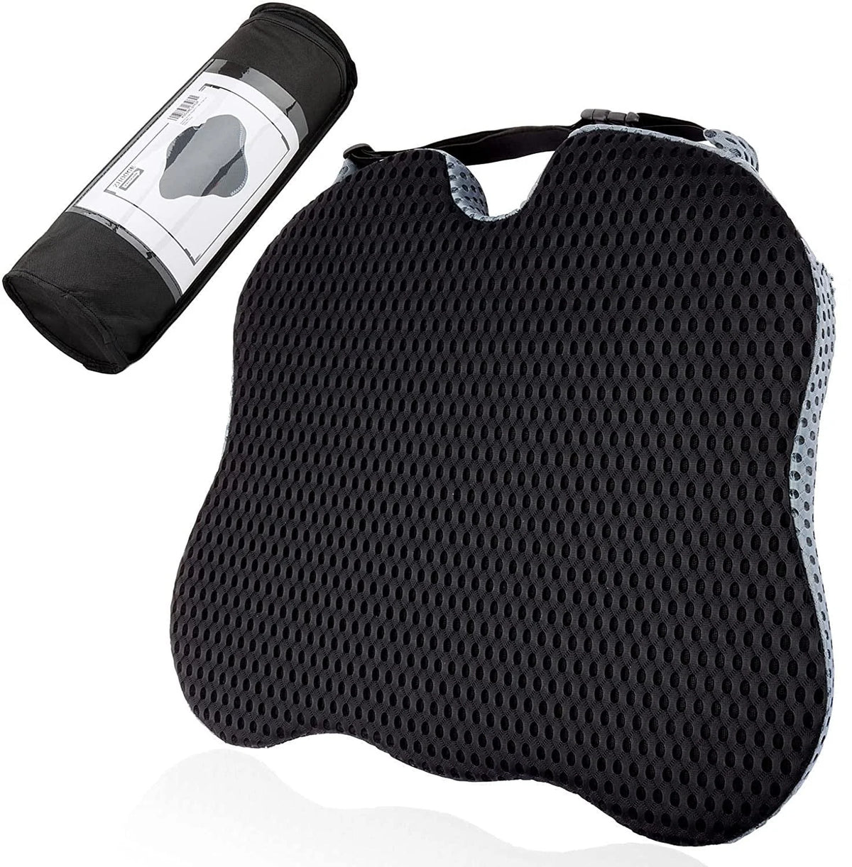 Car seat cushion made of memory foam, designed for supportive comfort, easily rollable for convenient storage and transport. 2
