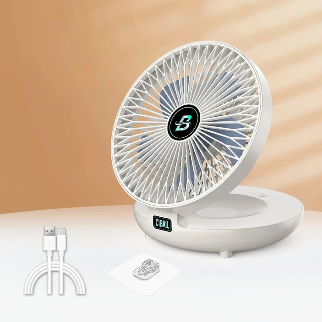 Portable foldable USB desk fan featuring three speed settings, perfect for personal cooling at home or office, compact design for easy storage and portability. 0
