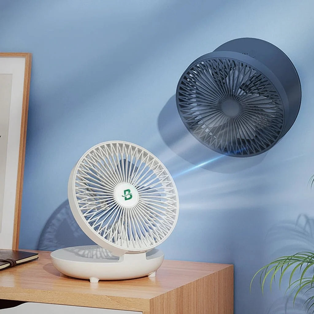 Portable foldable USB desk fan featuring three speed settings, perfect for personal cooling at home or office, compact design for easy storage and portability. 1