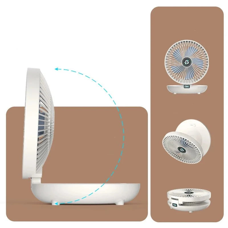 Portable foldable USB desk fan featuring three speed settings, perfect for personal cooling at home or office, compact design for easy storage and portability. 4