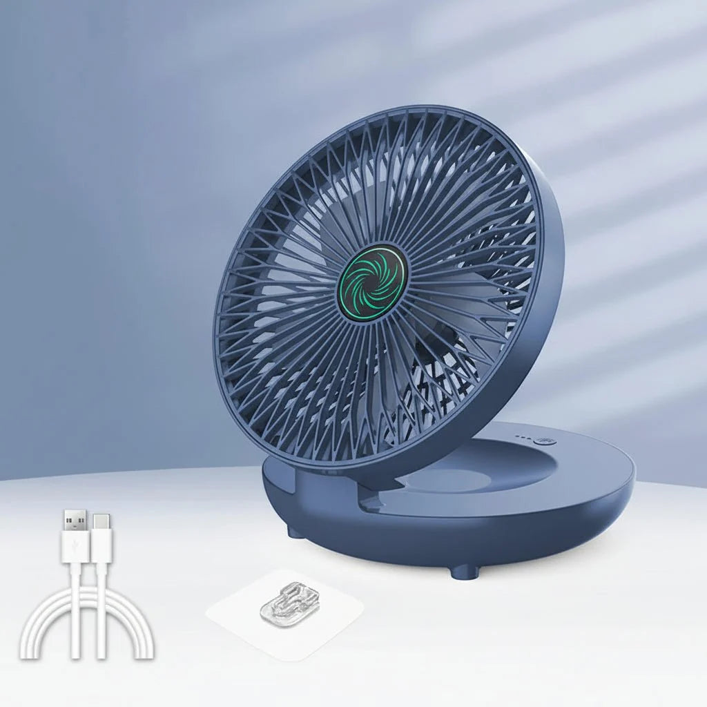 Portable foldable USB desk fan featuring three speed settings, perfect for personal cooling at home or office, compact design for easy storage and portability. 6