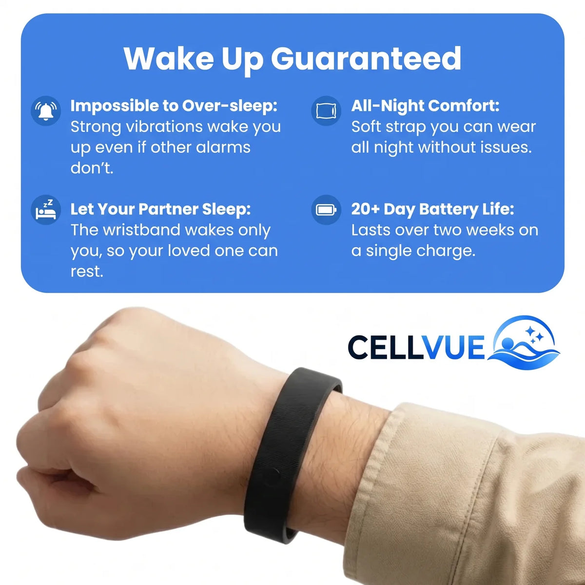 Vibrating Silent Alarm Bracelet with adjustable fit and rechargeable battery, designed for comfortable sleep at home or while traveling. 1