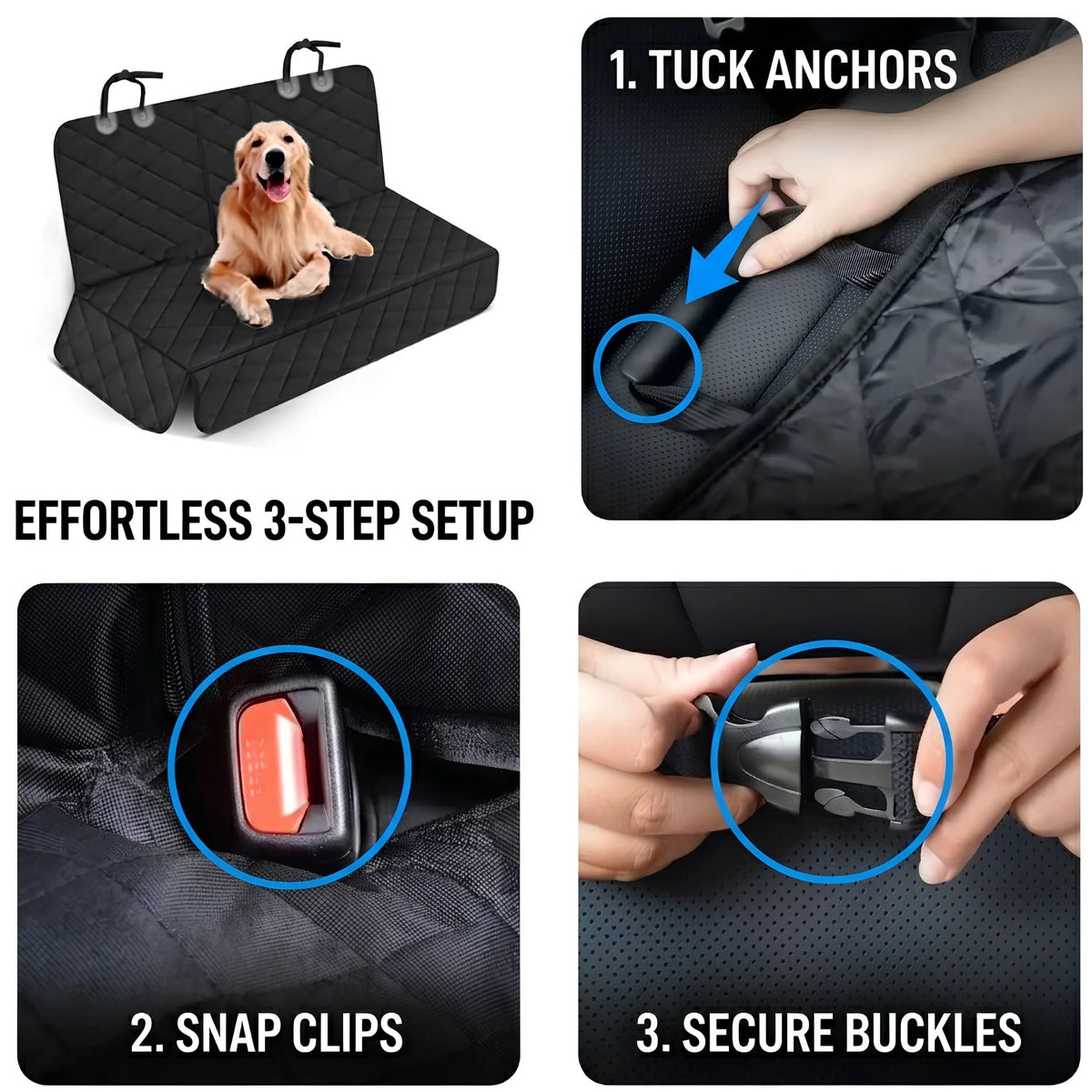 Waterproof non-slip dog seat cover featuring seat belt slots, designed to protect car upholstery while ensuring pet safety during travel. 6