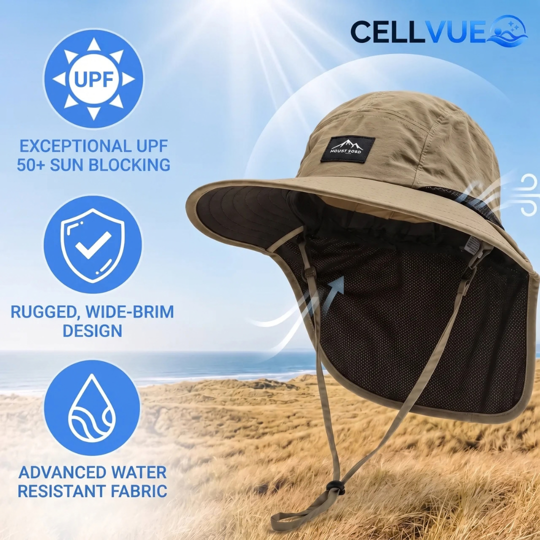 Wide brim sun hat with neck flap, made of UPF 50+ nylon, designed for men and women, adjustable and packable for outdoor protection 3