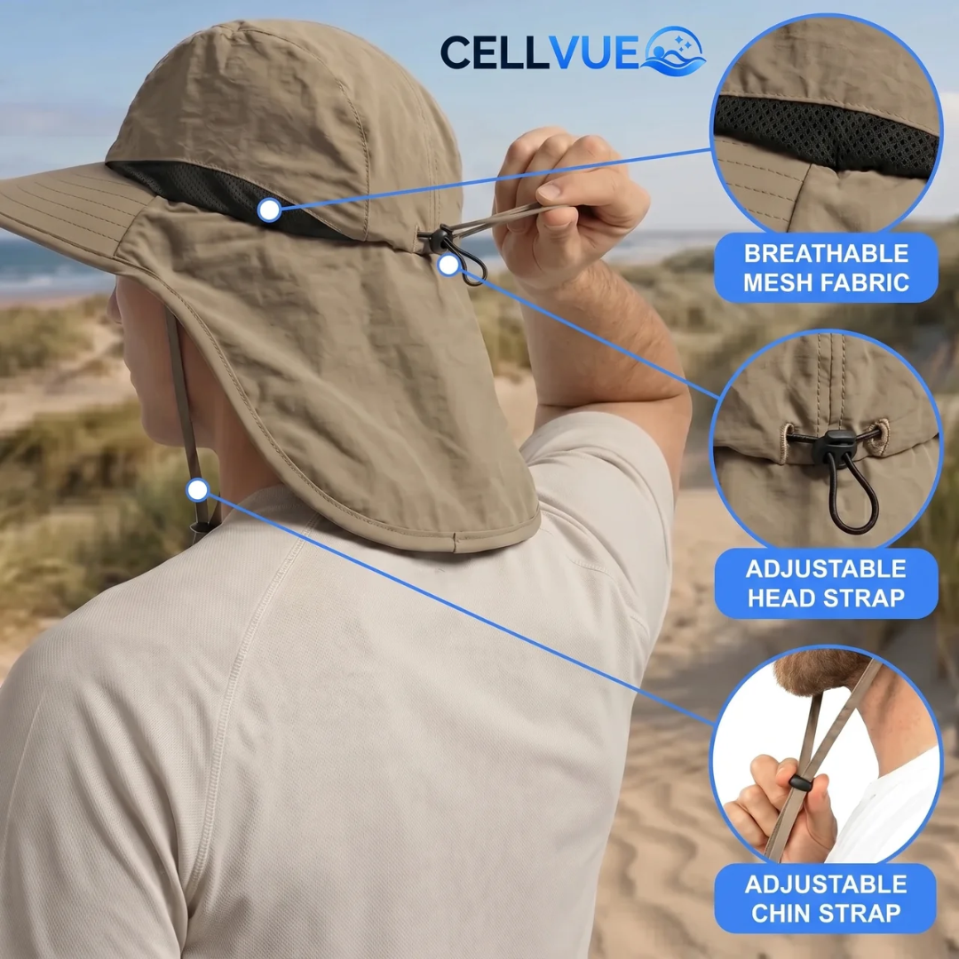 Wide brim sun hat with neck flap, made of UPF 50+ nylon, designed for men and women, adjustable and packable for outdoor protection 4