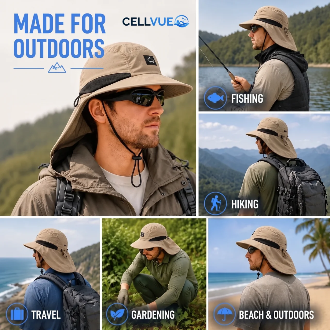 Wide brim sun hat with neck flap, made of UPF 50+ nylon, designed for men and women, adjustable and packable for outdoor protection 7