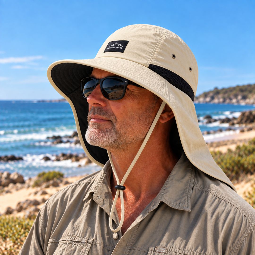 Wide brim sun hat with neck flap, made of UPF 50+ nylon, designed for men and women, adjustable and packable for outdoor protection 9