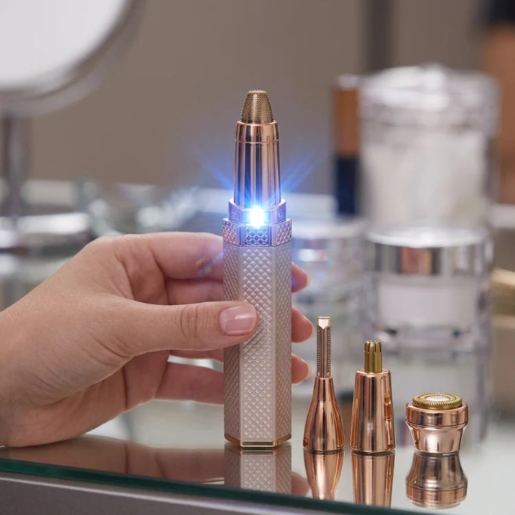 4-in-1 rechargeable facial trimmer for women featuring nose, eyebrow, face, and body hair removal capabilities, USB powered with a compact design for 4