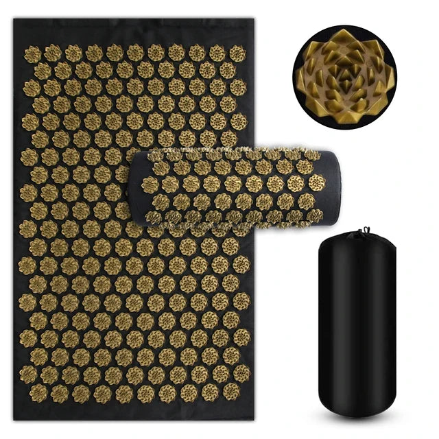 Acupressure mat and pillow set designed for muscle relief and deep relaxation, featuring a lightweight and portable design made of cotton and sponge, perfect for 2