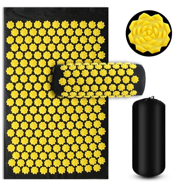 Acupressure mat and pillow set designed for muscle relief and deep relaxation, featuring a lightweight and portable design made of cotton and sponge, perfect for 3