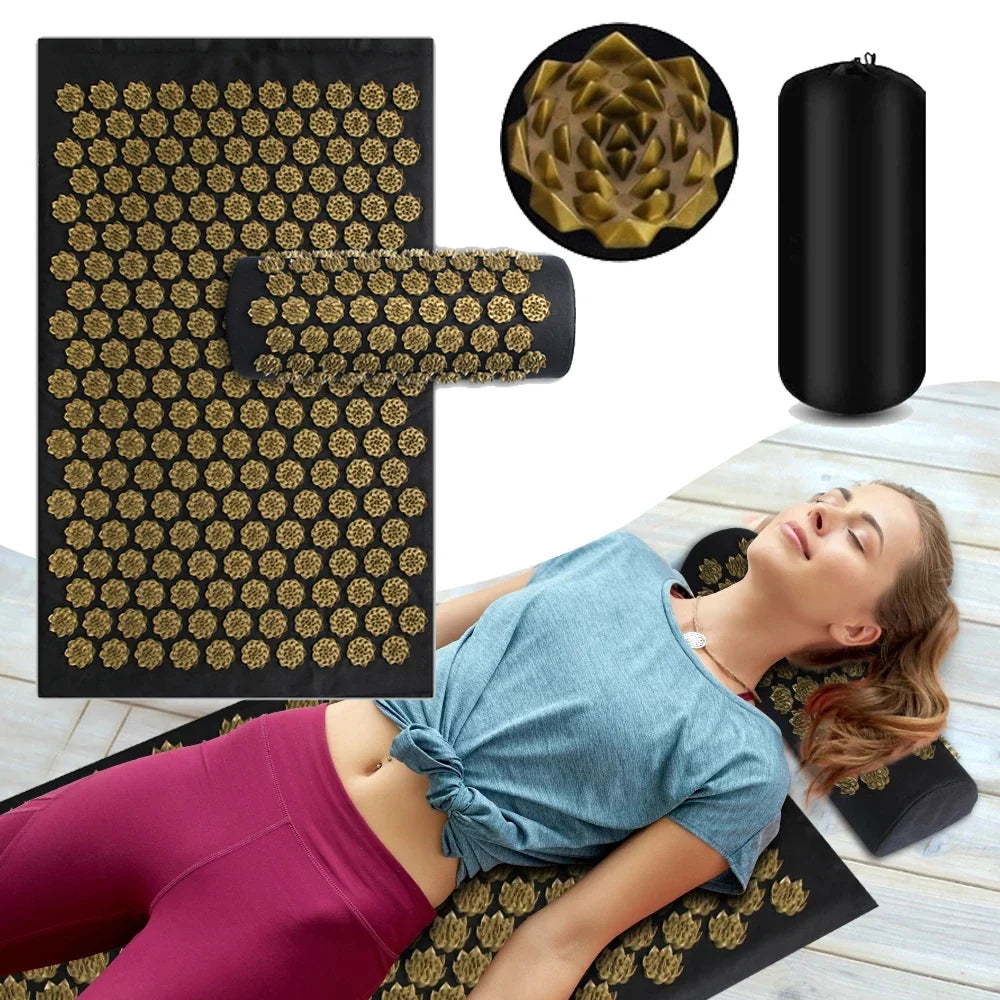 Acupressure mat and pillow set designed for muscle relief and deep relaxation, featuring a lightweight and portable design made of cotton and sponge, perfect for 5