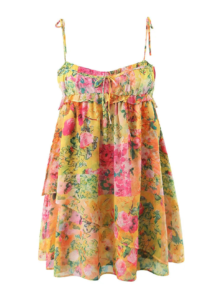 Amalfi Floral Tiered Mini Dress With Patchwork