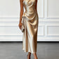 Asymmetric One Shoulder Satin Midi Dress with Ruched Waist