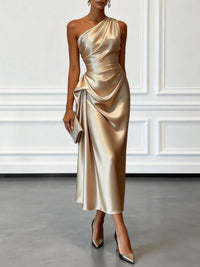 Asymmetric One Shoulder Satin Midi Dress with Ruched Waist