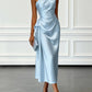 Asymmetric One Shoulder Satin Midi Dress with Ruched Waist