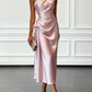 Asymmetric One Shoulder Satin Midi Dress with Ruched Waist