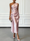 Asymmetric One Shoulder Satin Midi Dress with Ruched Waist