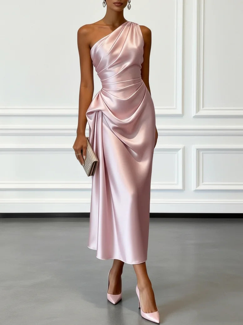 Asymmetric One Shoulder Satin Midi Dress with Ruched Waist