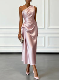 Asymmetric One Shoulder Satin Midi Dress with Ruched Waist