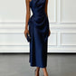 Asymmetric One Shoulder Satin Midi Dress with Ruched Waist