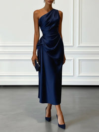 Asymmetric One Shoulder Satin Midi Dress with Ruched Waist