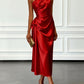 Asymmetric One Shoulder Satin Midi Dress with Ruched Waist
