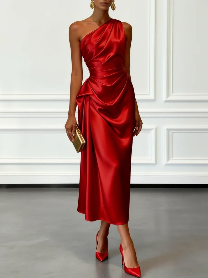 Asymmetric One Shoulder Satin Midi Dress with Ruched Waist