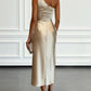Asymmetric One Shoulder Satin Midi Dress with Ruched Waist