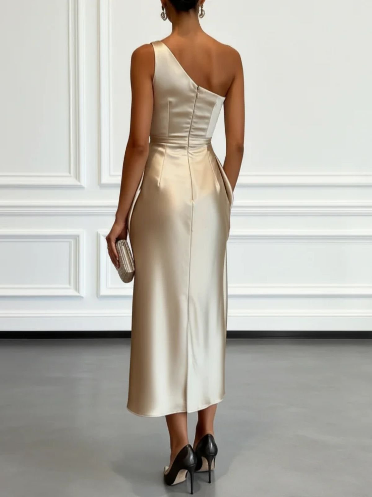 Asymmetric One Shoulder Satin Midi Dress with Ruched Waist