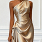 Asymmetric One Shoulder Satin Midi Dress with Ruched Waist