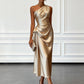 Asymmetric One Shoulder Satin Midi Dress with Ruched Waist