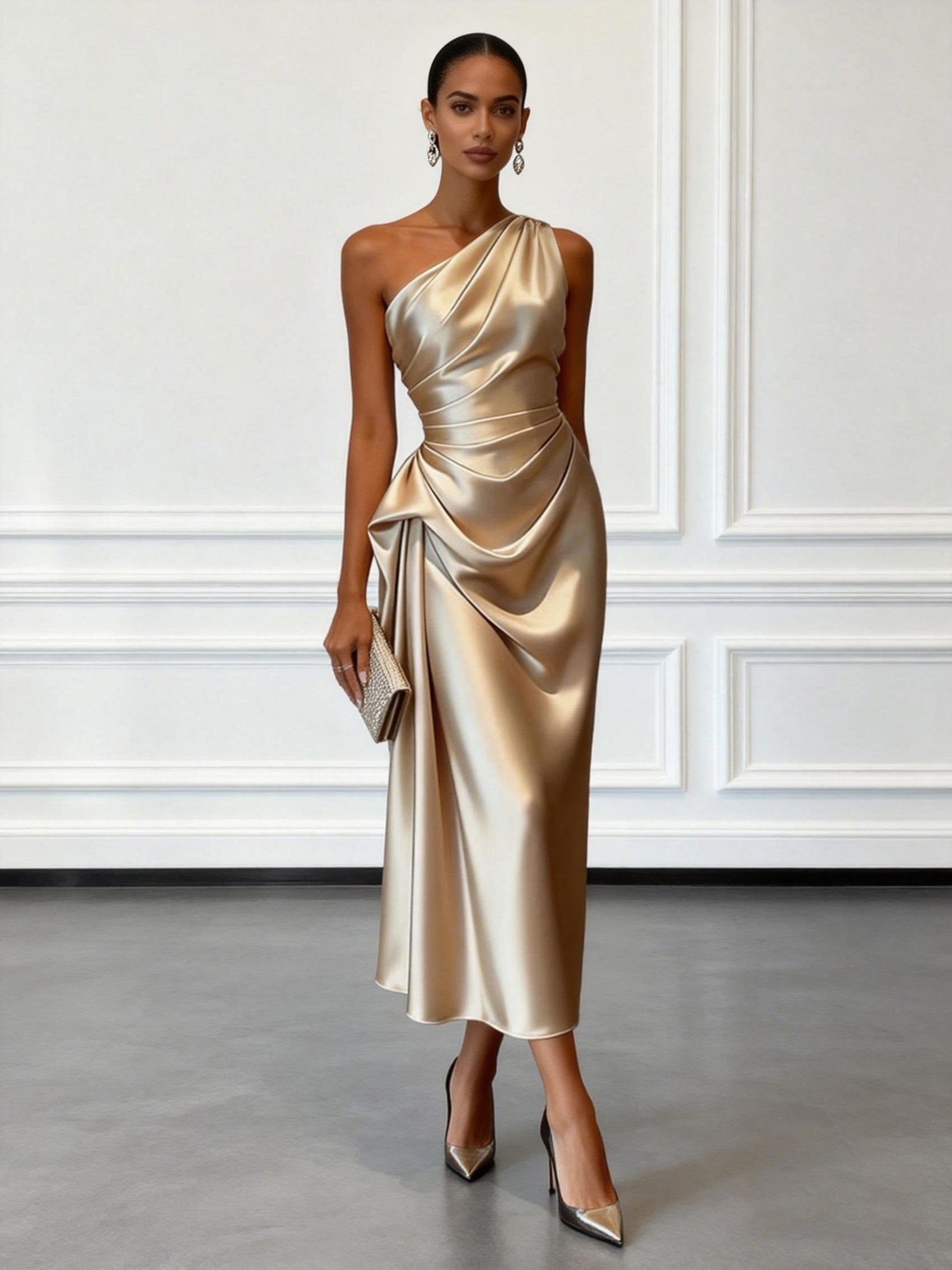 Asymmetric One Shoulder Satin Midi Dress with Ruched Waist