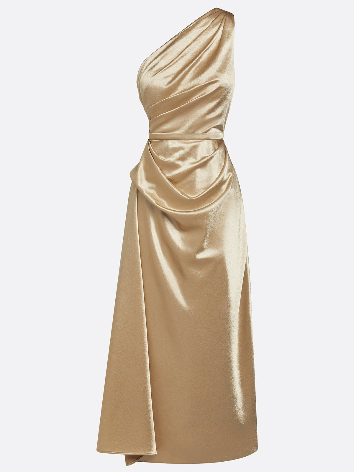 Asymmetric One Shoulder Satin Midi Dress with Ruched Waist