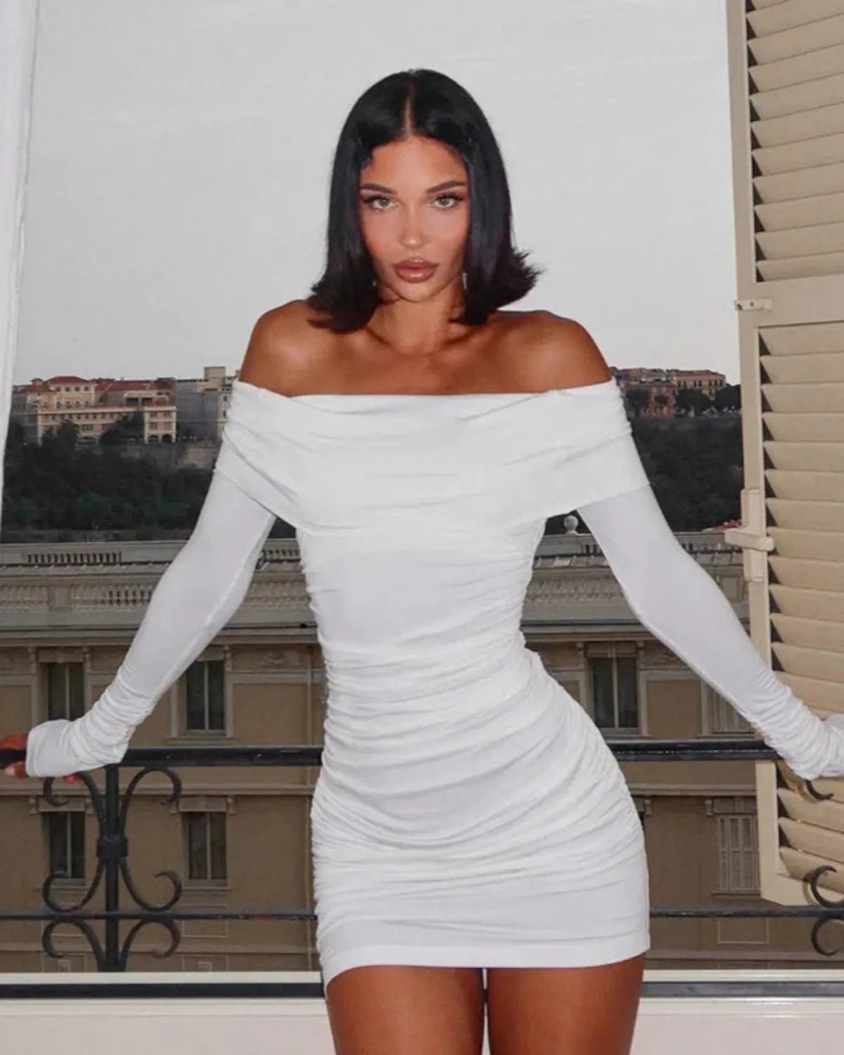 Asymmetrical Off Shoulder Mini Cocktail Dress Ruching