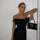 Black Off Shoulder Party Mini Dress Feather Trim