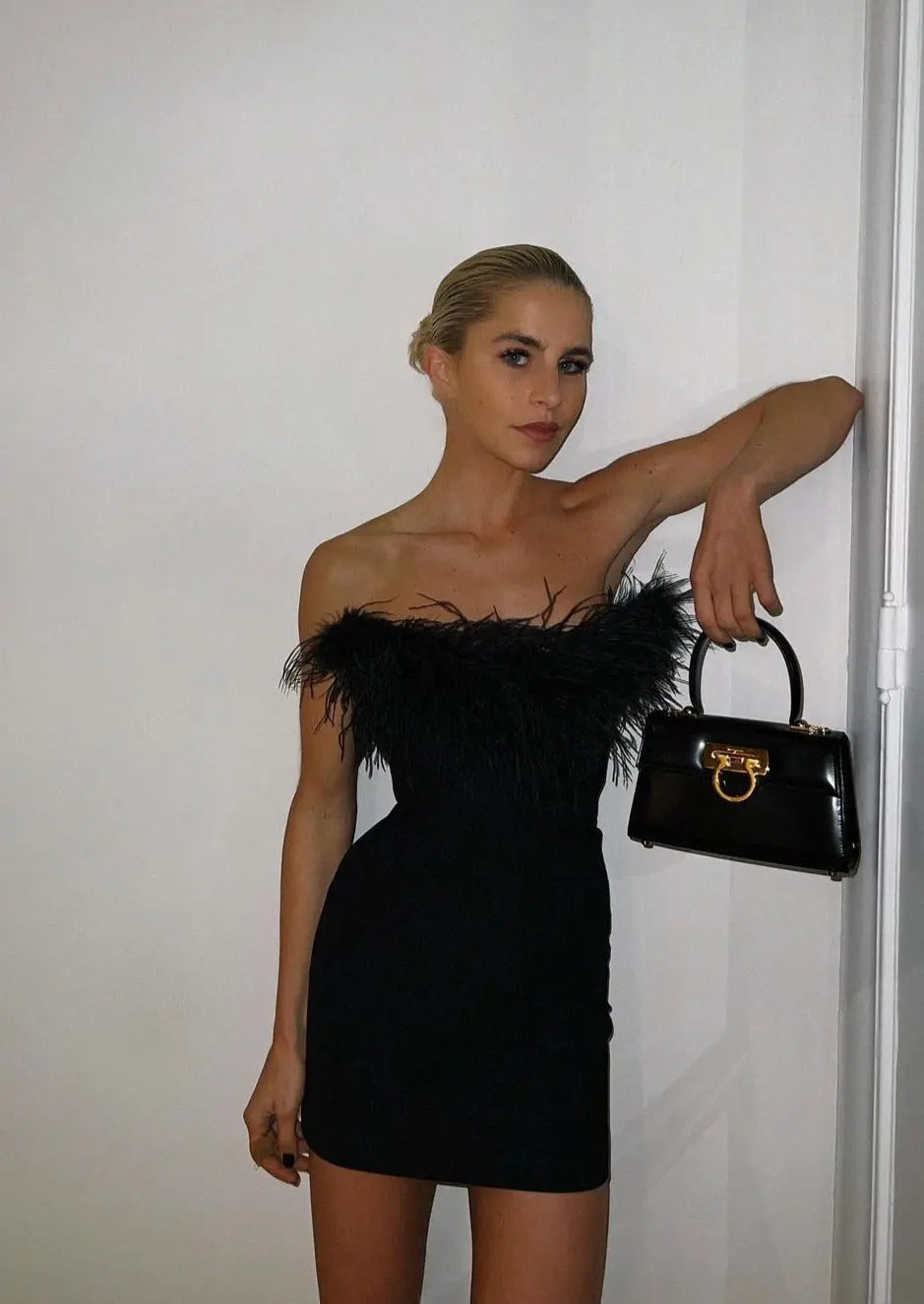 Black Off Shoulder Party Mini Dress Feather Trim