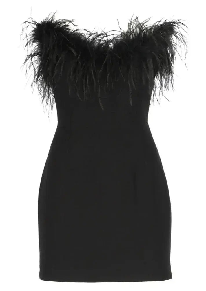 Black Off Shoulder Party Mini Dress Feather Trim