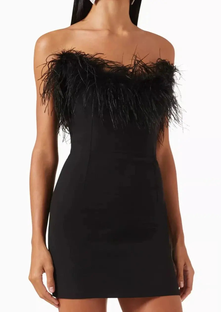 Black Off Shoulder Party Mini Dress Feather Trim