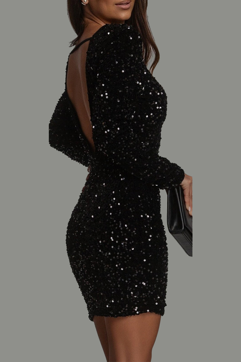 Black Sequin Long Sleeve Bodycon Mini Dress Lined