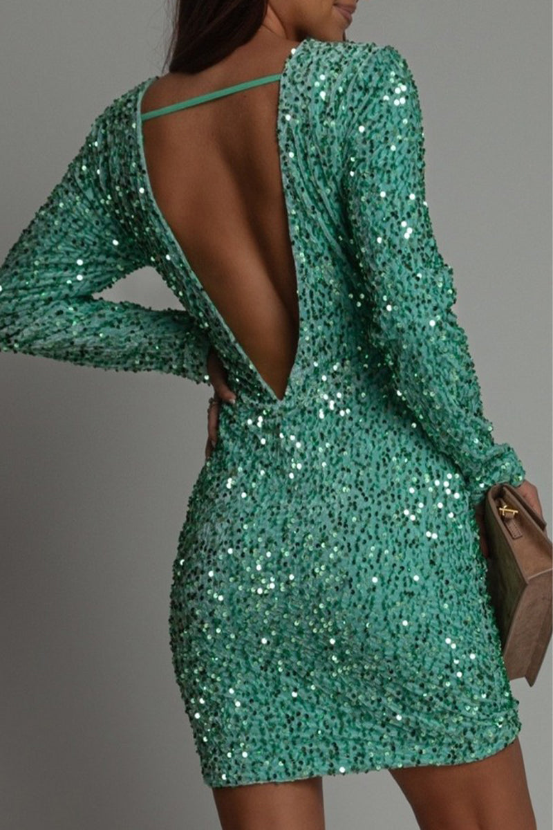 Black Sequin Long Sleeve Bodycon Mini Dress Lined