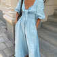 Blue Linen Blend Summer Midi Dress Lightweight