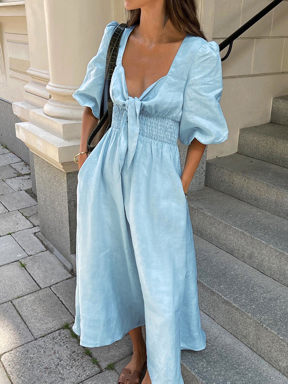 Blue Linen Blend Summer Midi Dress Lightweight