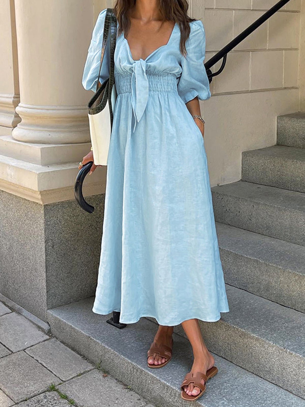 Blue Linen Blend Summer Midi Dress Lightweight