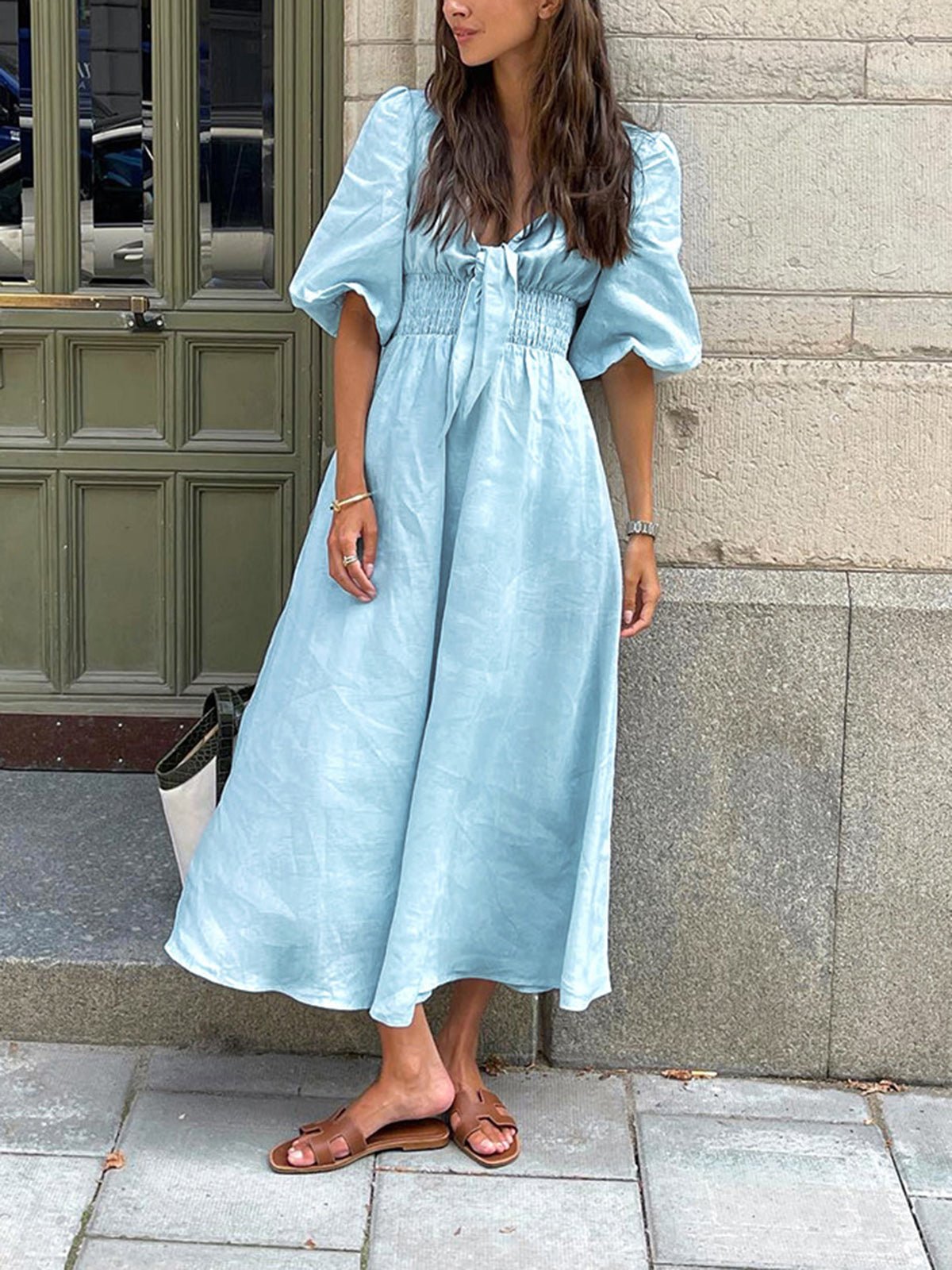 Blue Linen Blend Summer Midi Dress Lightweight