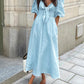 Blue Linen Blend Summer Midi Dress Lightweight
